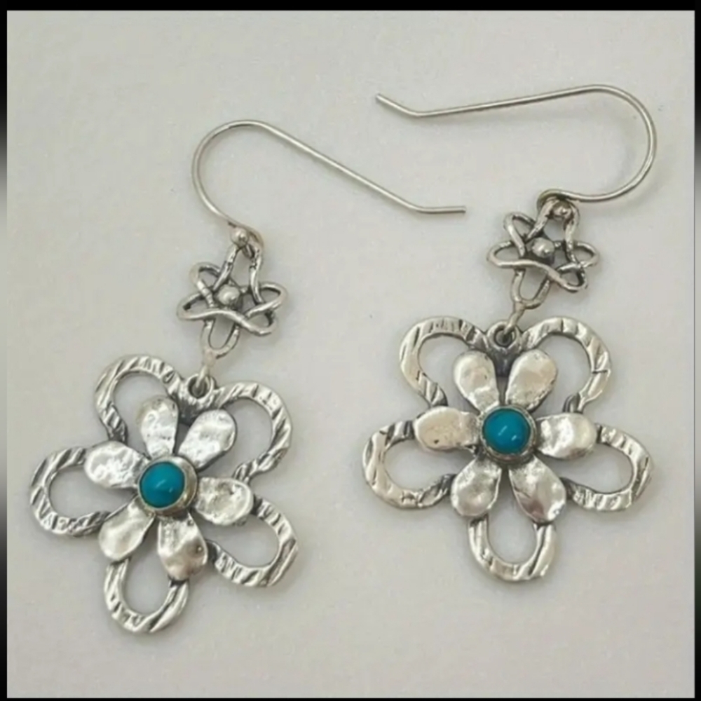 Silvertone Turquoise Flower Earrings - Picture 2 of 3